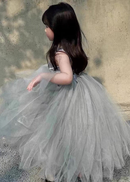 French Grey Backless Patchwork Tulle Maxi Dress Sleeveless Tt025