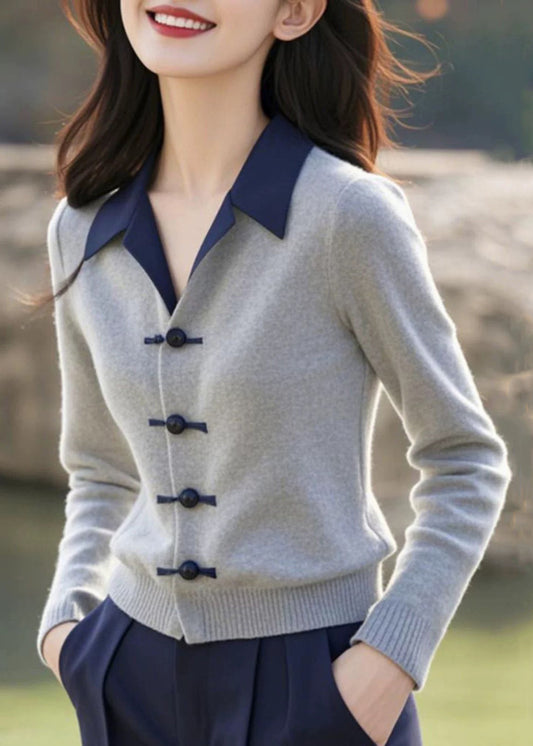 French Grey Button Patchwork Knitting Cotton Sweaters Winter Er031