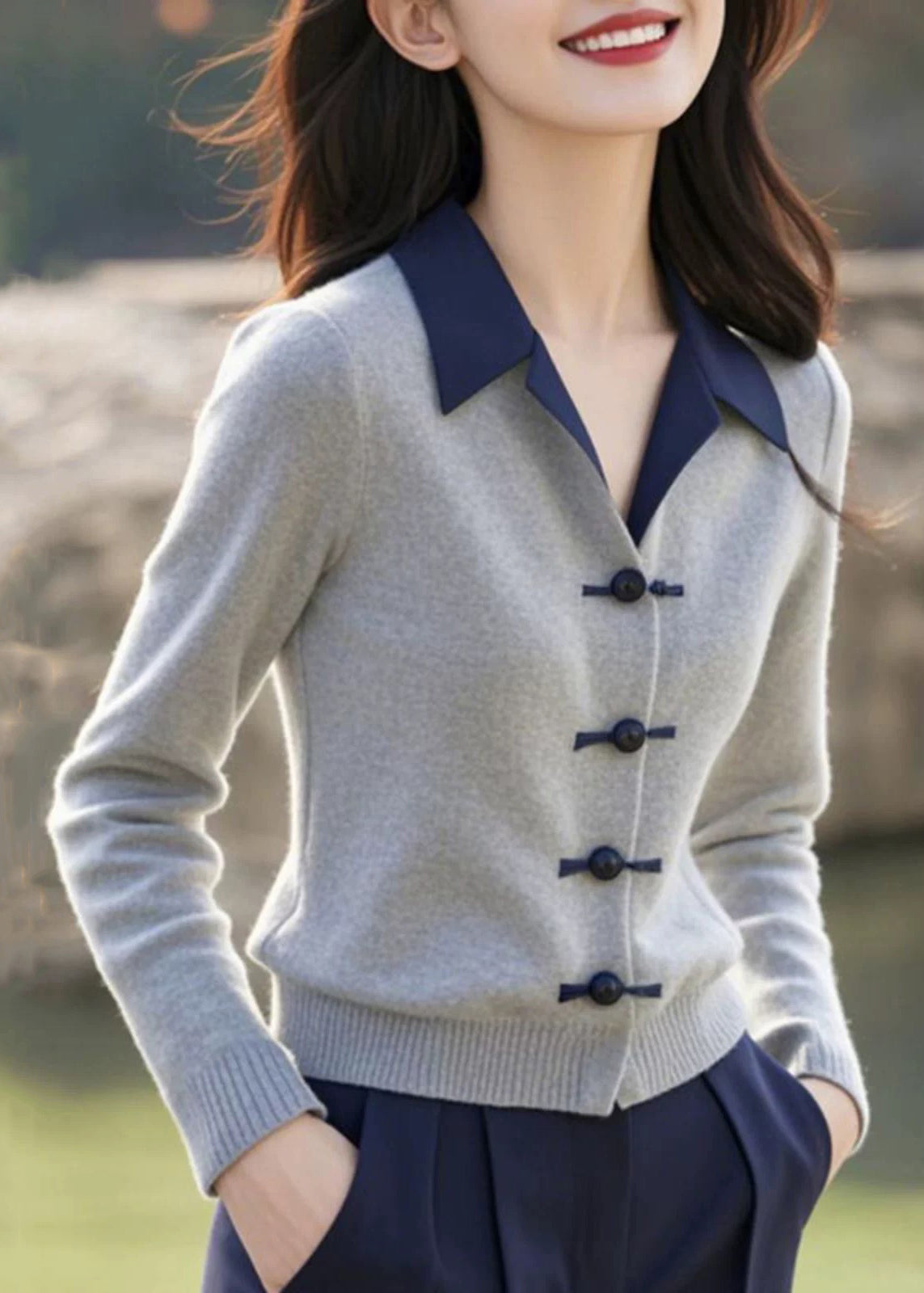 French Grey Button Patchwork Knitting Cotton Sweaters Winter Er031