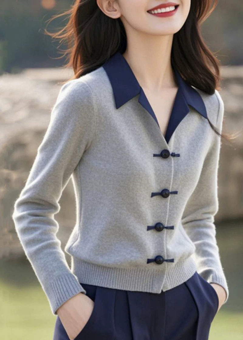 French Grey Button Patchwork Knitting Cotton Sweaters Winter Er031