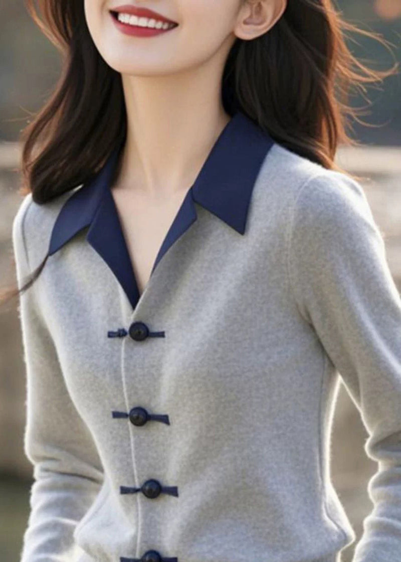 French Grey Button Patchwork Knitting Cotton Sweaters Winter Er031