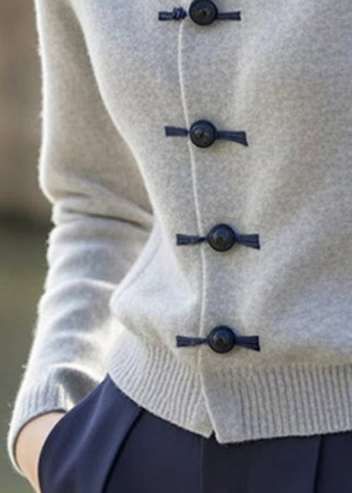 French Grey Button Patchwork Knitting Cotton Sweaters Winter Er031