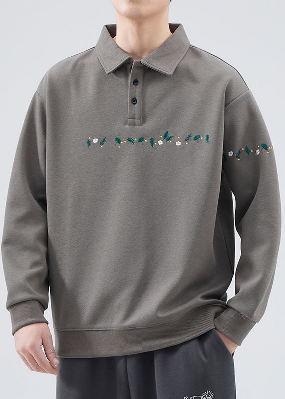 Embroideried Button French Grey Sweatshirts Cotton Tc020 Spring
