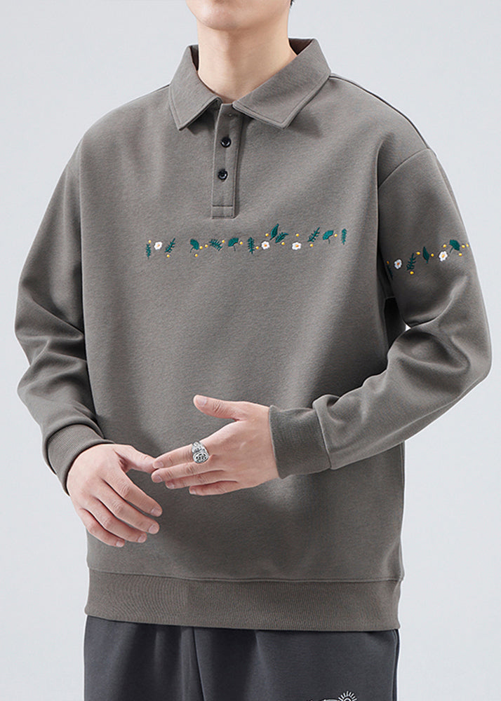 Embroideried Button French Grey Sweatshirts Cotton Tc020 Spring