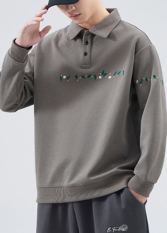 Embroideried Button French Grey Sweatshirts Cotton Tc020 Spring