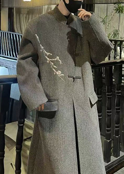 French Grey Embroideried Button Woolen Long Trench Coat Winter Ro027
