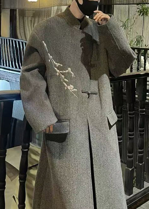 French Grey Embroideried Button Woolen Long Trench Coat Winter Ro027
