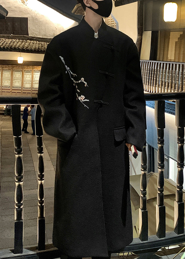 French Grey Embroideried Button Woolen Long Trench Coat Winter Ro027
