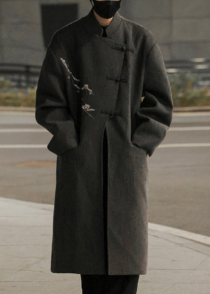 French Grey Embroideried Button Woolen Long Trench Coat Winter Ro027