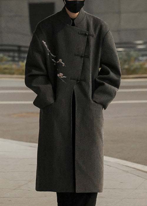 French Grey Embroideried Button Woolen Long Trench Coat Winter Ro027