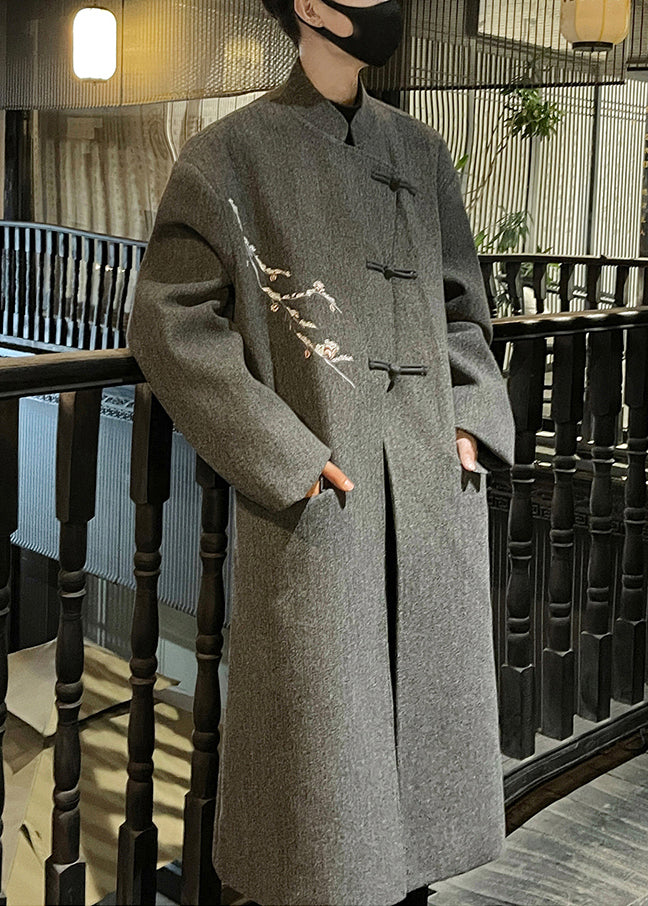 French Grey Embroideried Button Woolen Long Trench Coat Winter Ro027