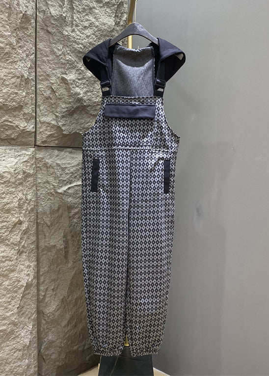 French Grey Hooded Print Pockets Cotton Jumpsuits Summer Kk012