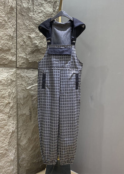 French Grey Hooded Print Pockets Cotton Jumpsuits Summer Kk012