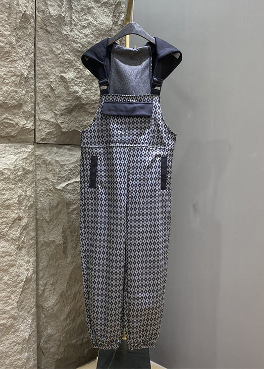French Grey Hooded Print Pockets Cotton Jumpsuits Summer Kk012
