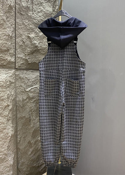 French Grey Hooded Print Pockets Cotton Jumpsuits Summer Kk012
