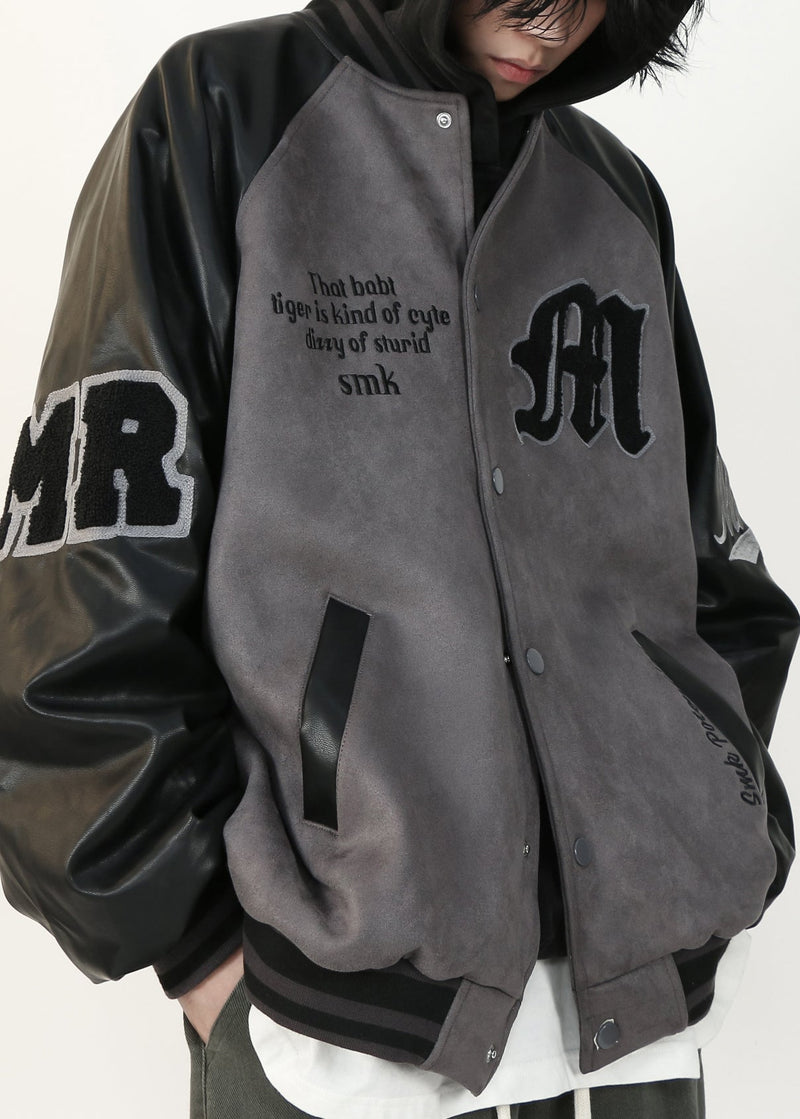 Suede Tc013 Spring Faux Grey Faux Patchwork Coat French Leather Letter