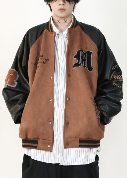 Suede Tc013 Spring Faux Grey Faux Patchwork Coat French Leather Letter