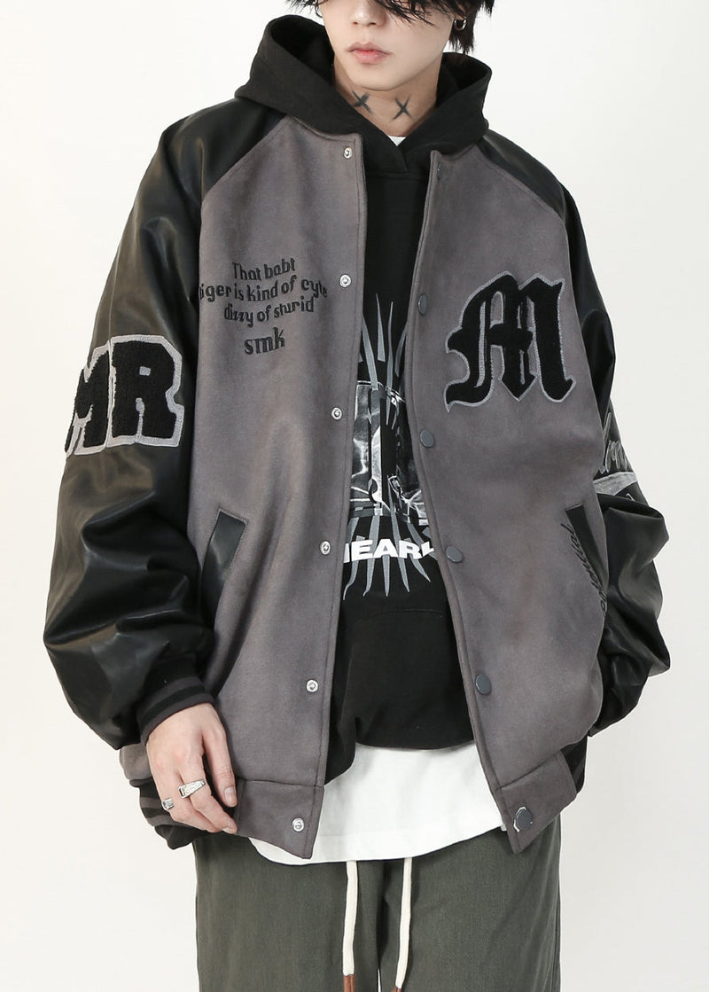 Suede Tc013 Spring Faux Grey Faux Patchwork Coat French Leather Letter