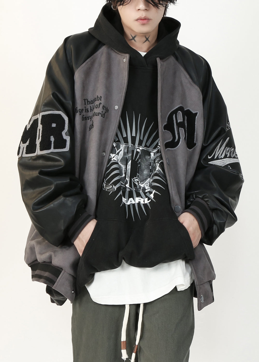 Suede Tc013 Spring Faux Grey Faux Patchwork Coat French Leather Letter