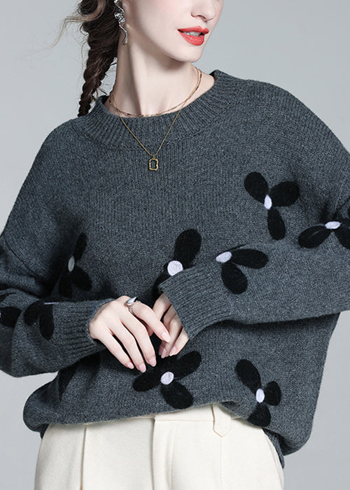 French Grey O Neck Cozy Patchwork Knit Sweaters Winter Wq050
