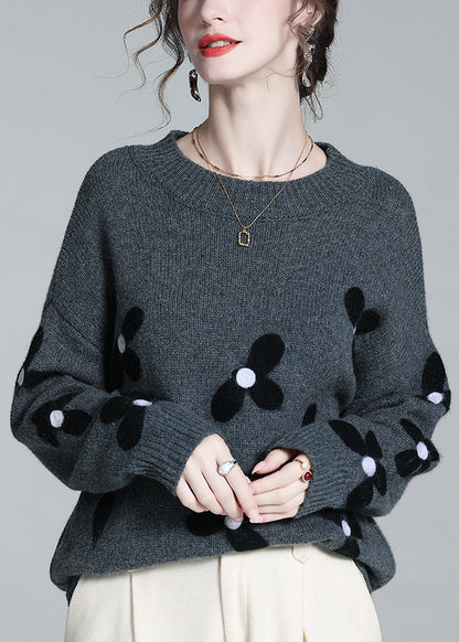 French Grey O Neck Cozy Patchwork Knit Sweaters Winter Wq050