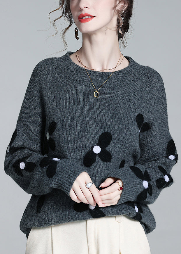 French Grey O Neck Cozy Patchwork Knit Sweaters Winter Wq050