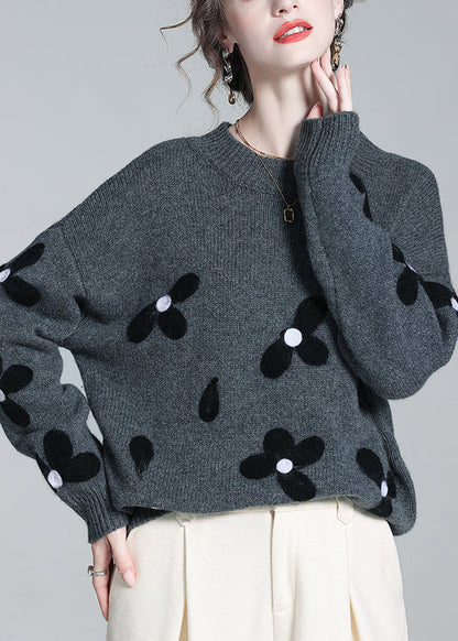French Grey O Neck Cozy Patchwork Knit Sweaters Winter Wq050