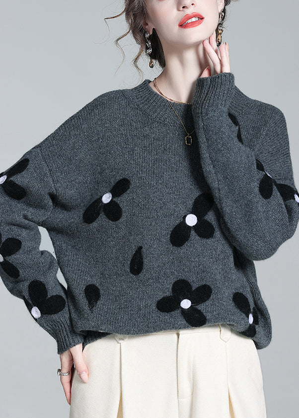 French Grey O Neck Cozy Patchwork Knit Sweaters Winter Wq050
