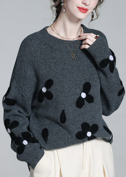 French Grey O Neck Cozy Patchwork Knit Sweaters Winter Wq050