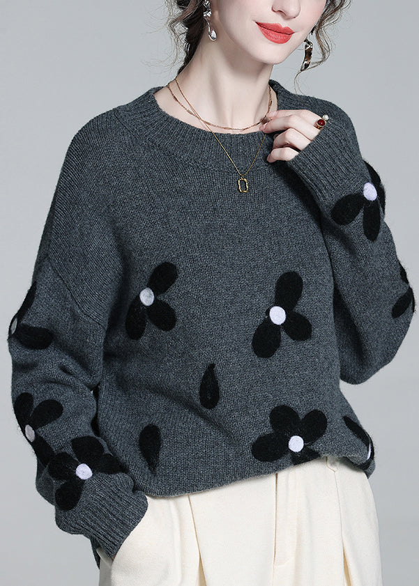 French Grey O Neck Cozy Patchwork Knit Sweaters Winter Wq050