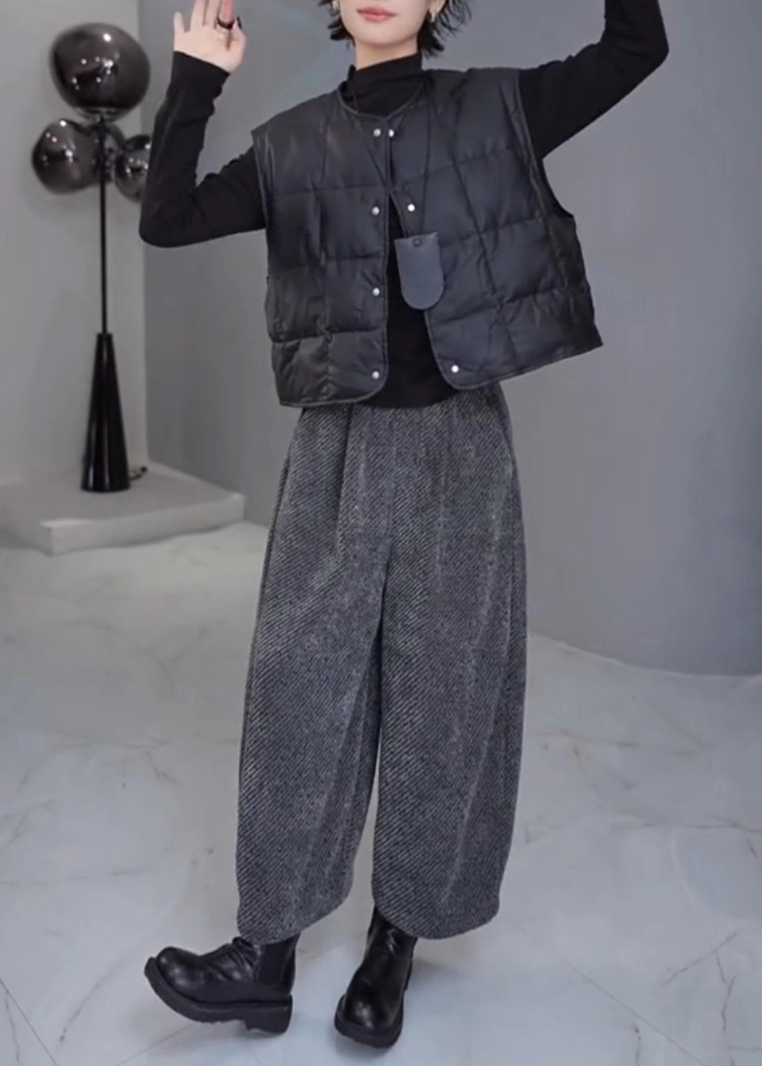 French Grey Oversized Woolen Harem Pants Spring Yo023