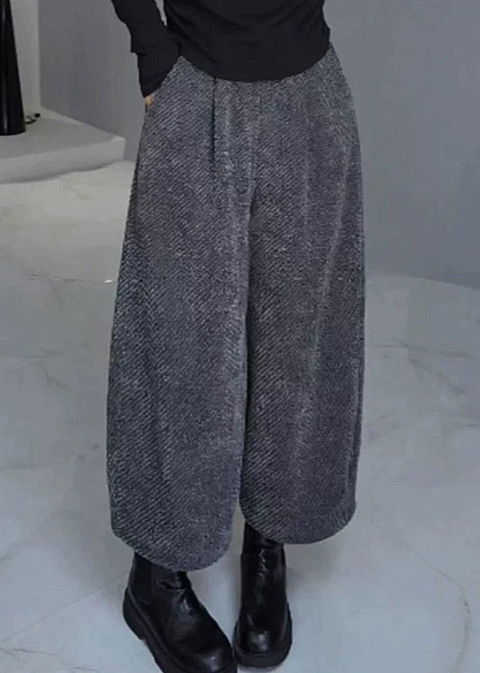 French Grey Pockets Elastic Waist Warm Fleece Wide Leg Pants Spring Yy028