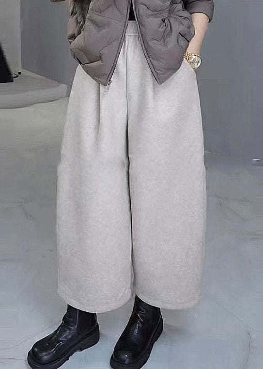 French Grey Pockets Elastic Waist Warm Fleece Wide Leg Pants Spring Yy028