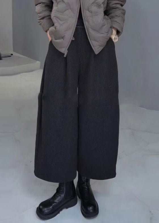 French Grey Pockets Elastic Waist Warm Fleece Wide Leg Pants Spring Yy028