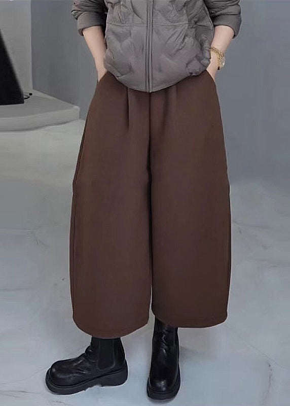 French Grey Pockets Elastic Waist Warm Fleece Wide Leg Pants Spring Yy028
