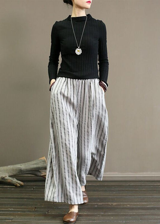 French Grey Pockets Striped Linen Straight Pants Summer Ly0586