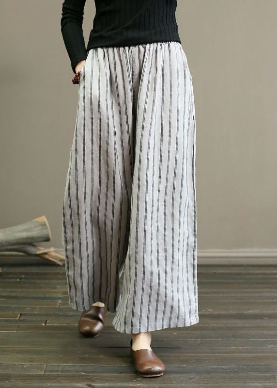 French Grey Pockets Striped Linen Straight Pants Summer Ly0586