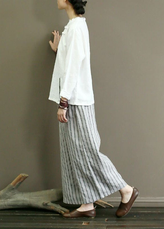French Grey Pockets Striped Linen Straight Pants Summer Ly0586
