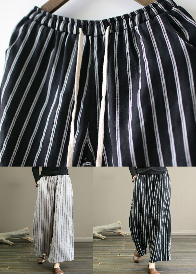 Black Pockets Patchwork Striped Linen Straight Pants Summer Ly0594