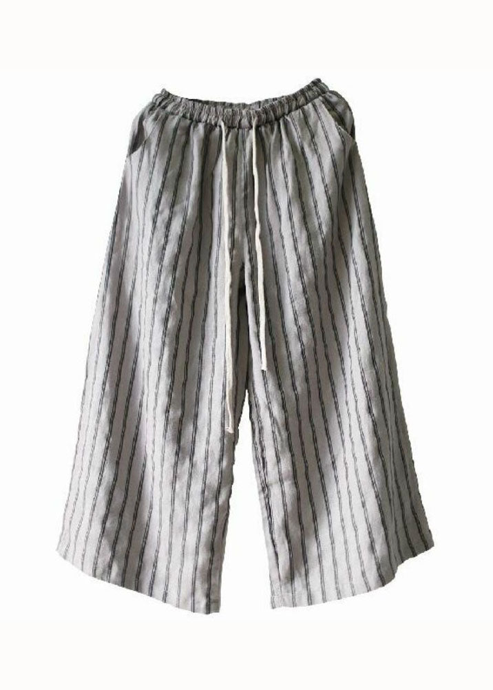French Grey Pockets Striped Linen Straight Pants Summer Ly0586