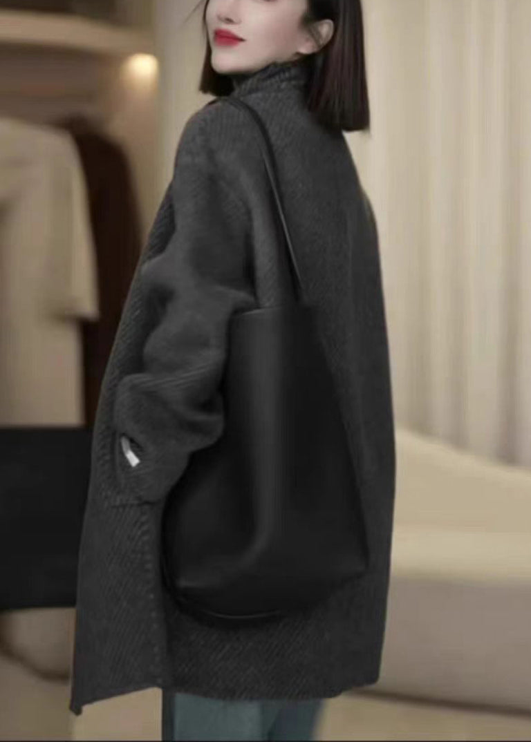 French Grey Stand Collar Button Pockets Woolen Coat Spring Ty012