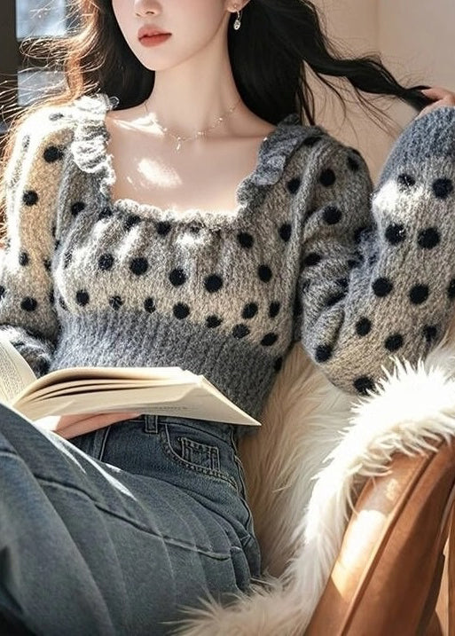 French Grey U Neck Ruffled Dot Knit Sweaters Spring Tn035