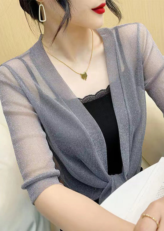 French Grey V Neck Lace Up Tulle Cardigan Summer As1021
