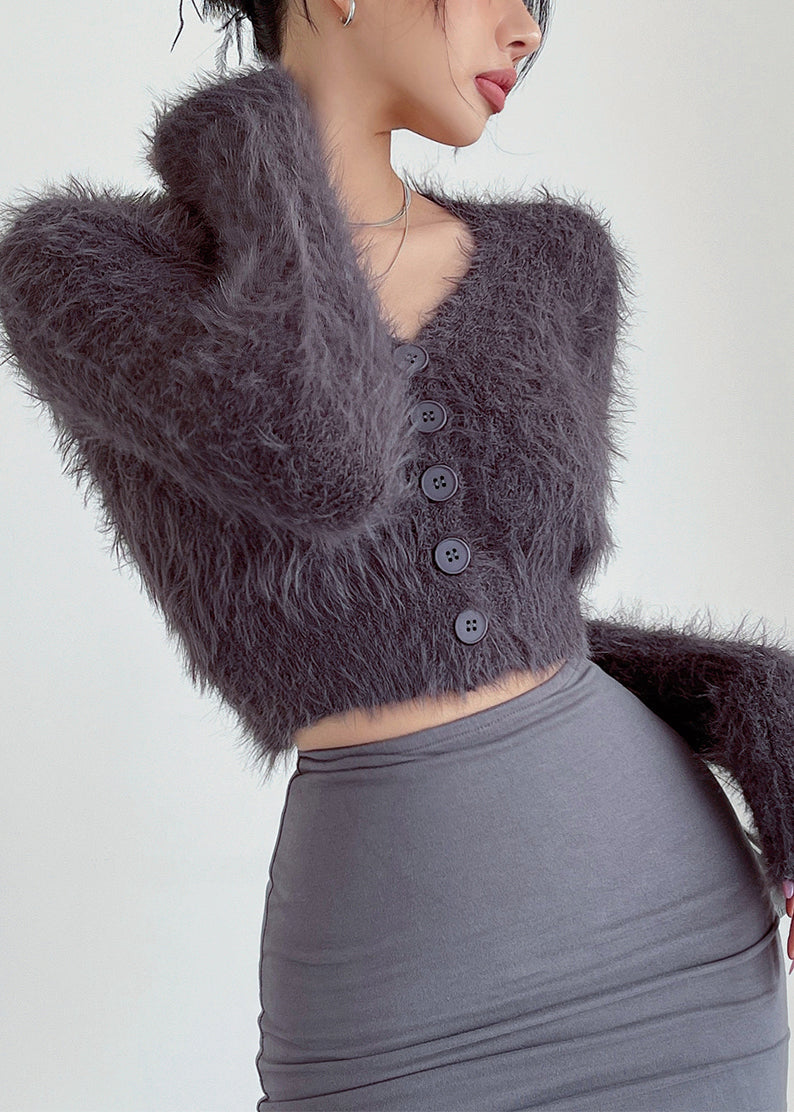 French Grey V Neck Mink Hair Knitted Short Coat Fall Al1080