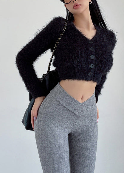 French Grey V Neck Mink Hair Knitted Short Coat Fall Al1080