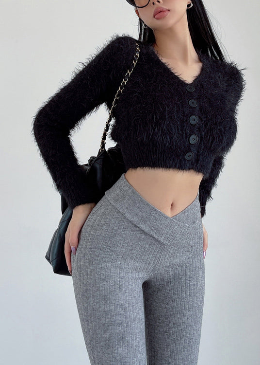 French Grey V Neck Mink Hair Knitted Short Coat Fall Al1080