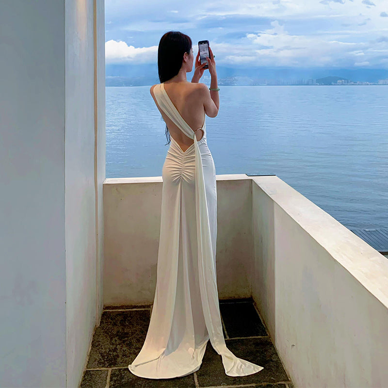 French-inspired White Ribbon Tie Backless Maxi Dress Beach & Evening Elegance