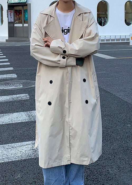 French Khaki Double Breast Tie Waist Cotton Long Trench Coat Spring Yq002