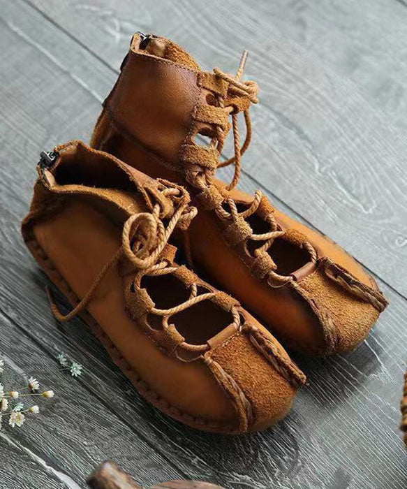 French Khaki Hollow Out Lace Up Cowhide Leather Flats Feet Shoes Rt1049