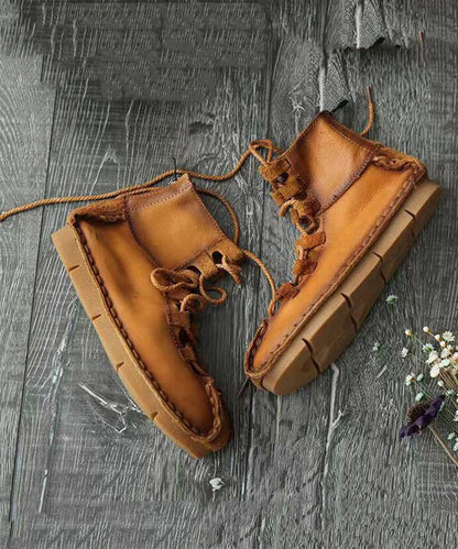 French Khaki Hollow Out Lace Up Cowhide Leather Flats Feet Shoes Rt1049